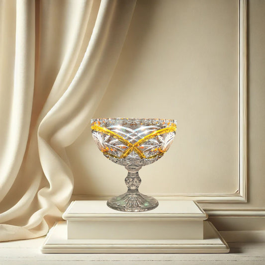 Rare Bohemian Style Molded Crystal Pedestal Candy Dish with Amber Accents