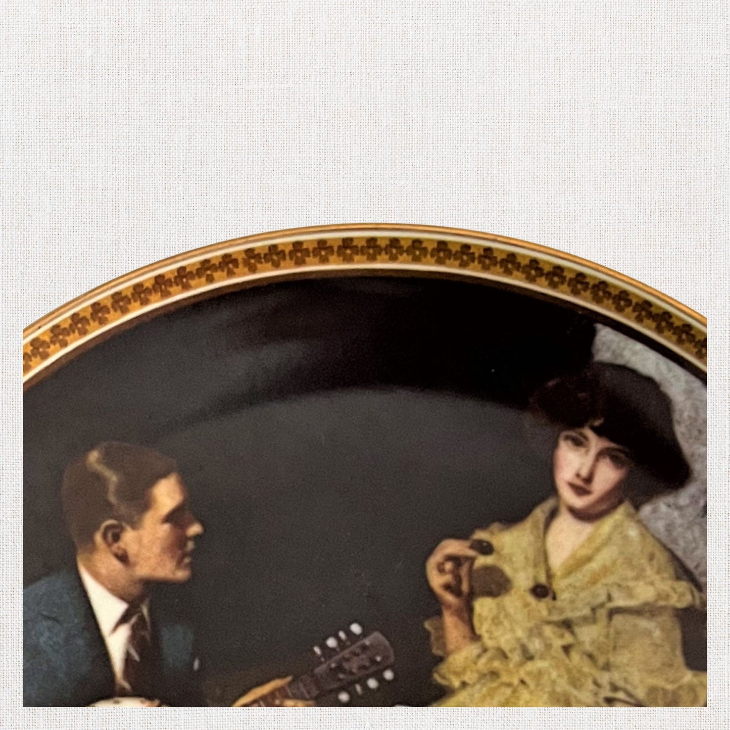 Norman rockwell pondering on the porch plate on neutral background, vintage home decor or collectible.