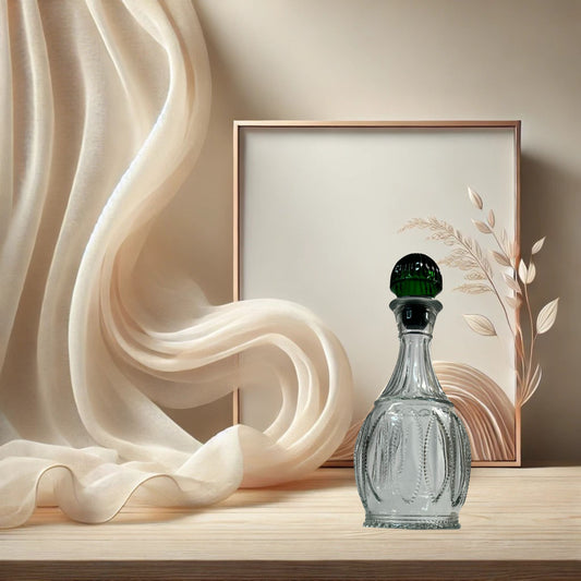 Avon “Jeannie Bottle” Decanter – Clear Pressed Glass with Emerald Stopper