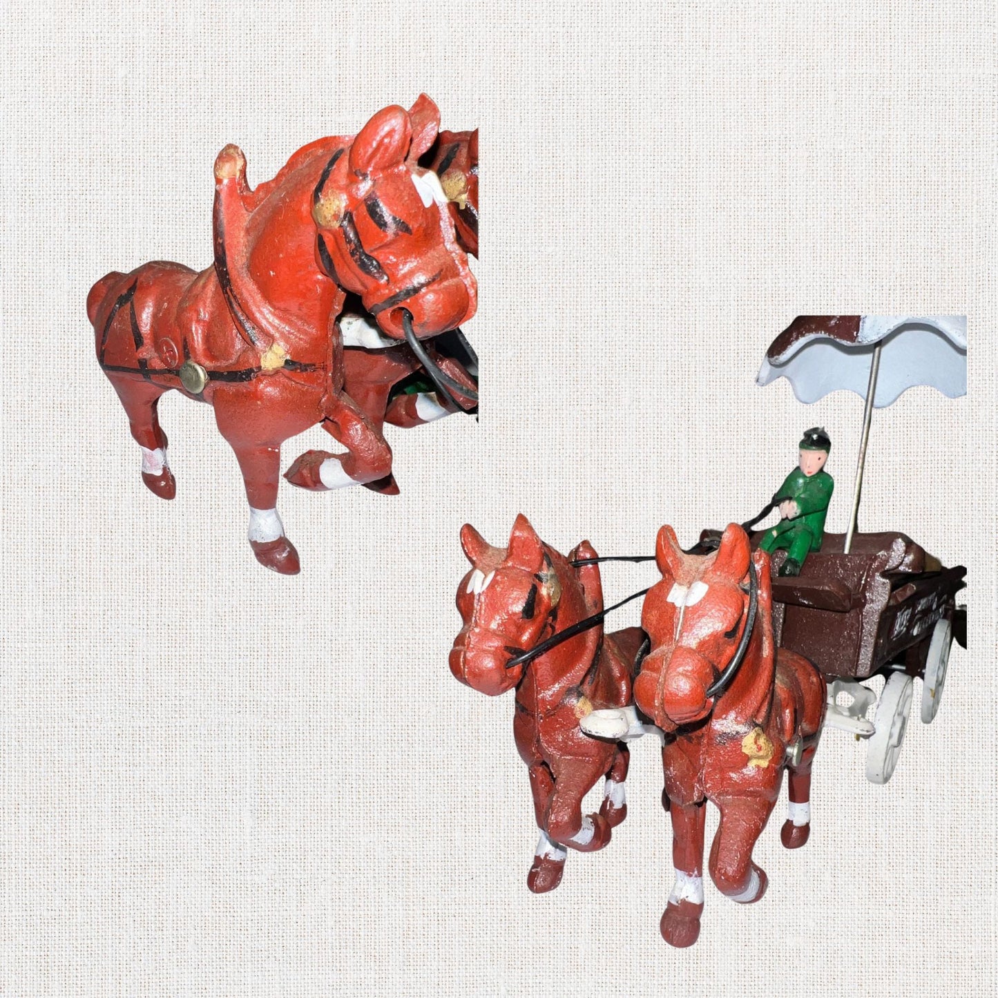 Cast iron horse drawn produce wagon on neutral background, vintage home decor or collectible.
