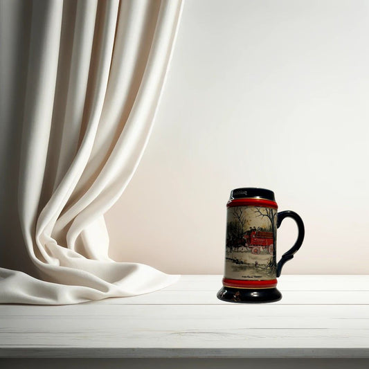 Budweiser 1990 collectible beer stein – winter village design, on neutral background, vintage home decor or collectible.