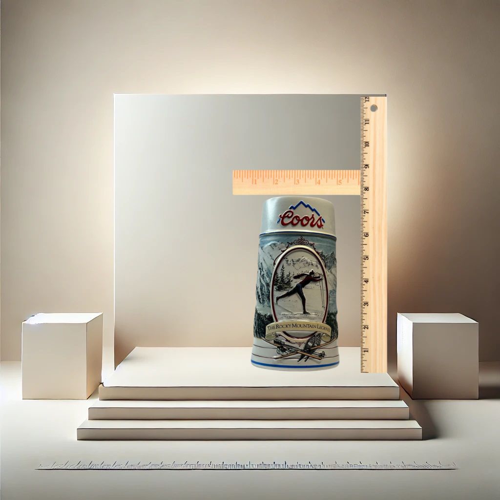 Coors 1990 ceramic beer stein with mountain motif, on neutral background, vintage home decor or collectible.