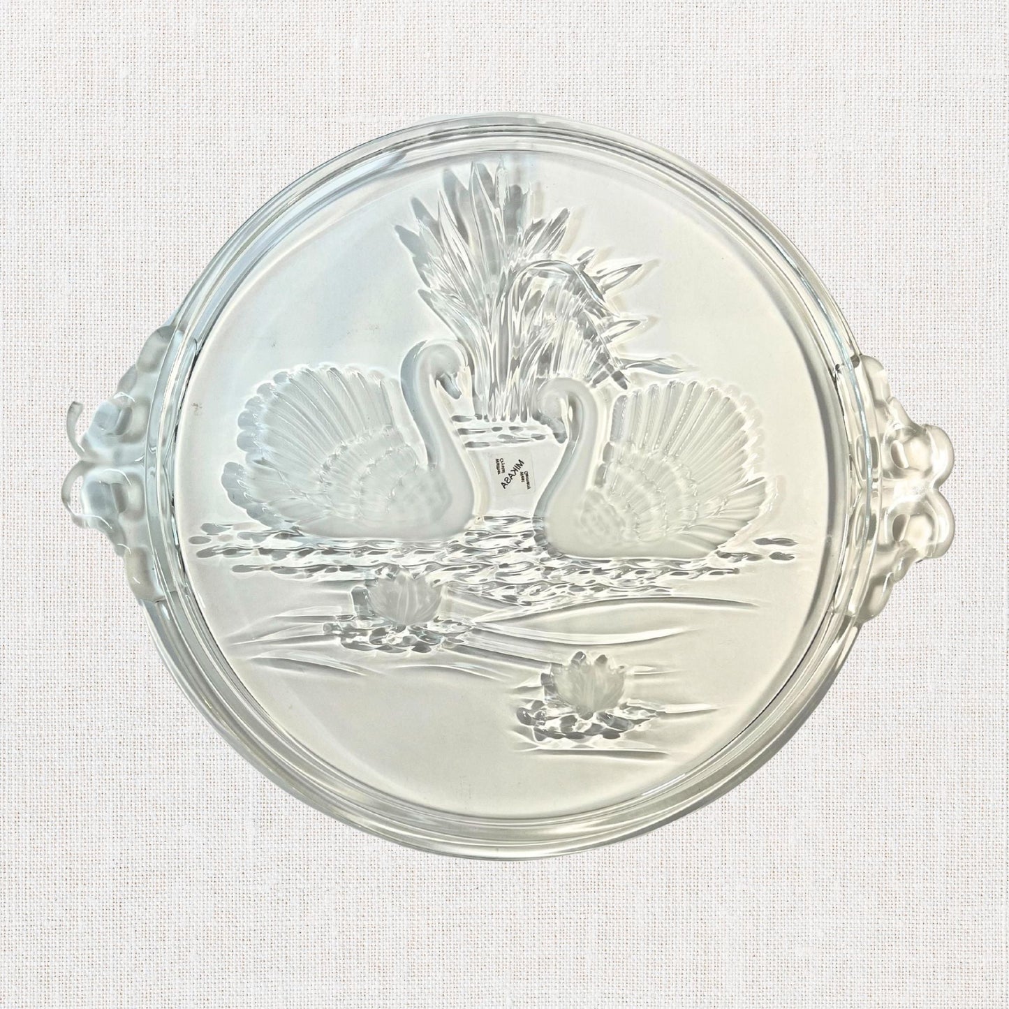 Mikasa walther crystal swan platter on neutral background, vintage home decor or collectible.