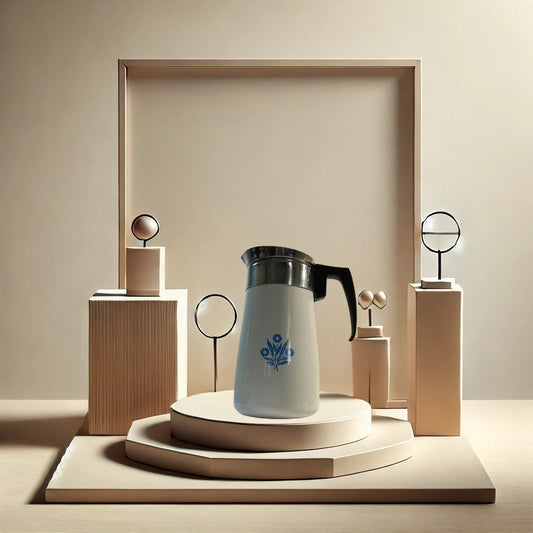 Corningware blue cornflower coffee pot on neutral background, vintage home decor or collectible.