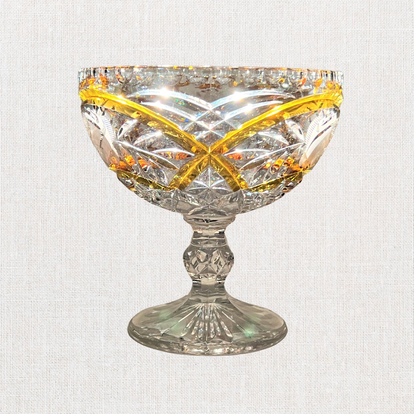Rare Bohemian Style Molded Crystal Pedestal Candy Dish with Amber Accents