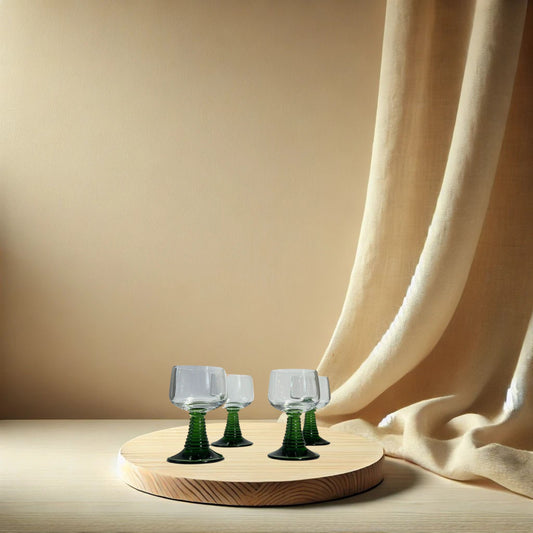 Luminarc green beehive stem cordial glasses on neutral background, vintage home decor or collectible.