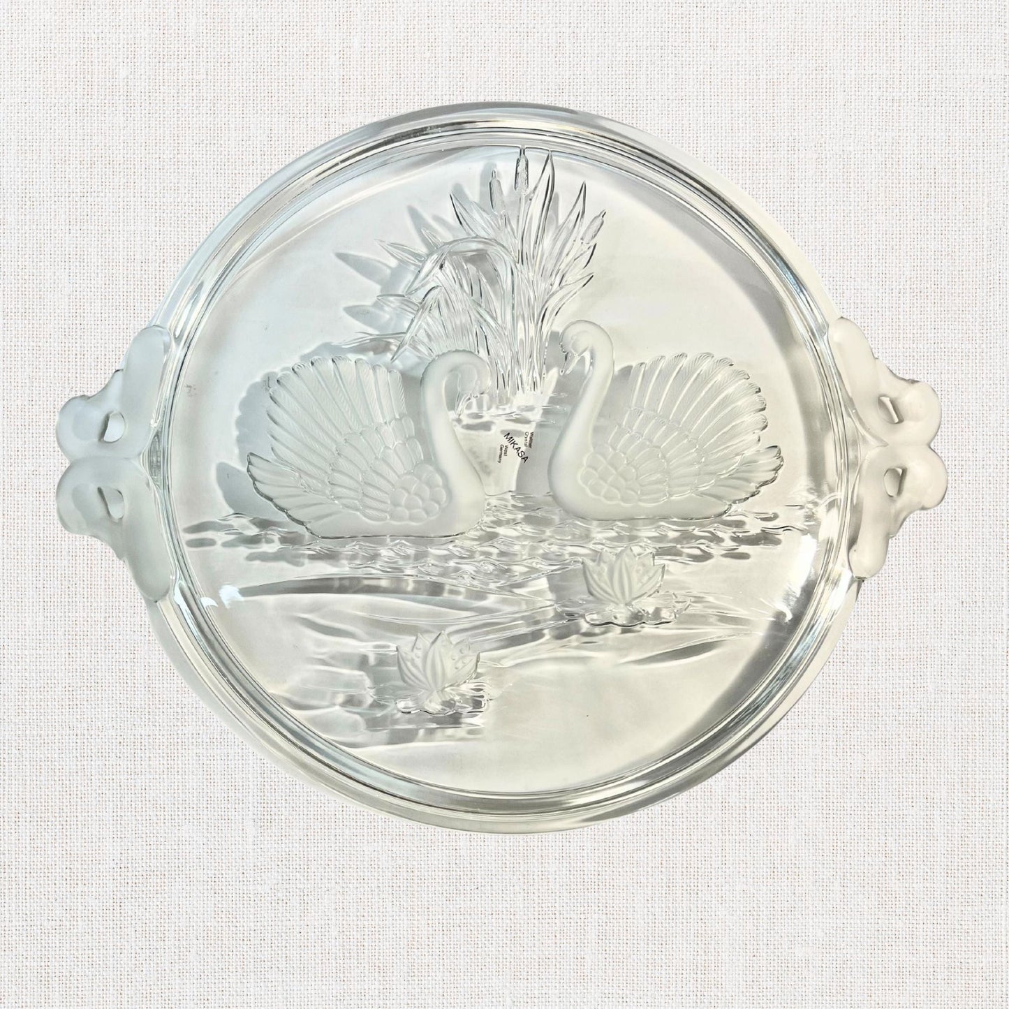 Mikasa walther crystal swan platter on neutral background, vintage home decor or collectible.