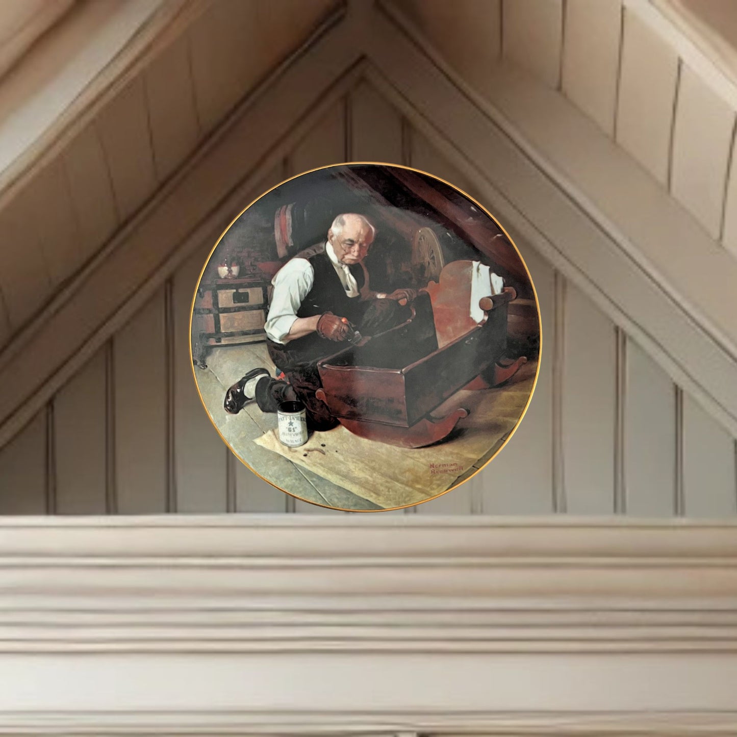 Norman rockwell grandpa's gift plate on neutral background, vintage home decor or collectible.