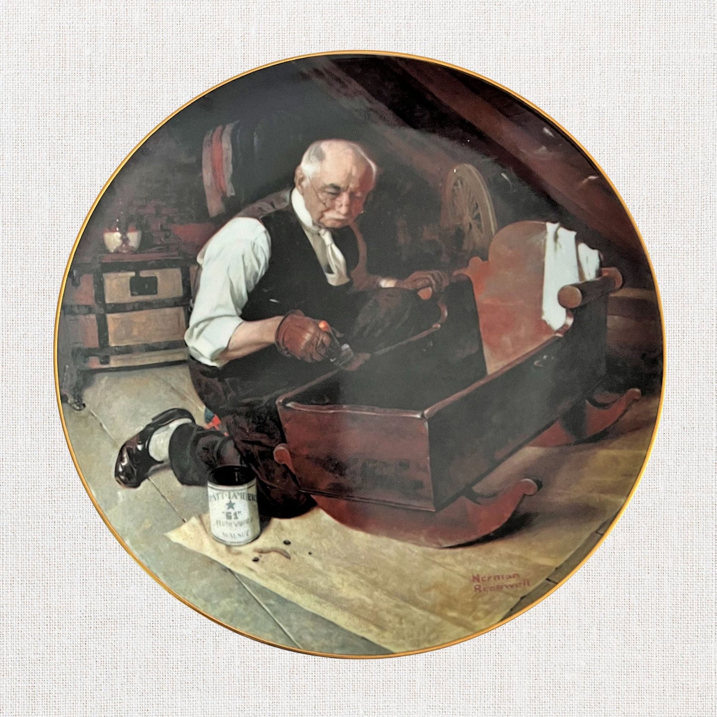 Norman rockwell grandpa's gift plate on neutral background, vintage home decor or collectible.