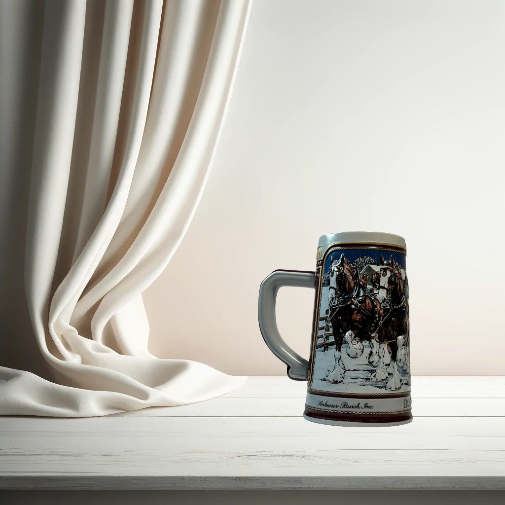 Budweiser 1989 ceramic beer stein with holiday Clydesdale scene, on neutral background, vintage home decor or collectible.
