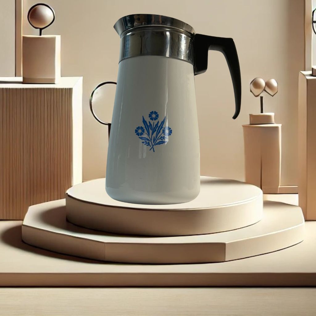 Corningware blue cornflower coffee pot on neutral background, vintage home decor or collectible.