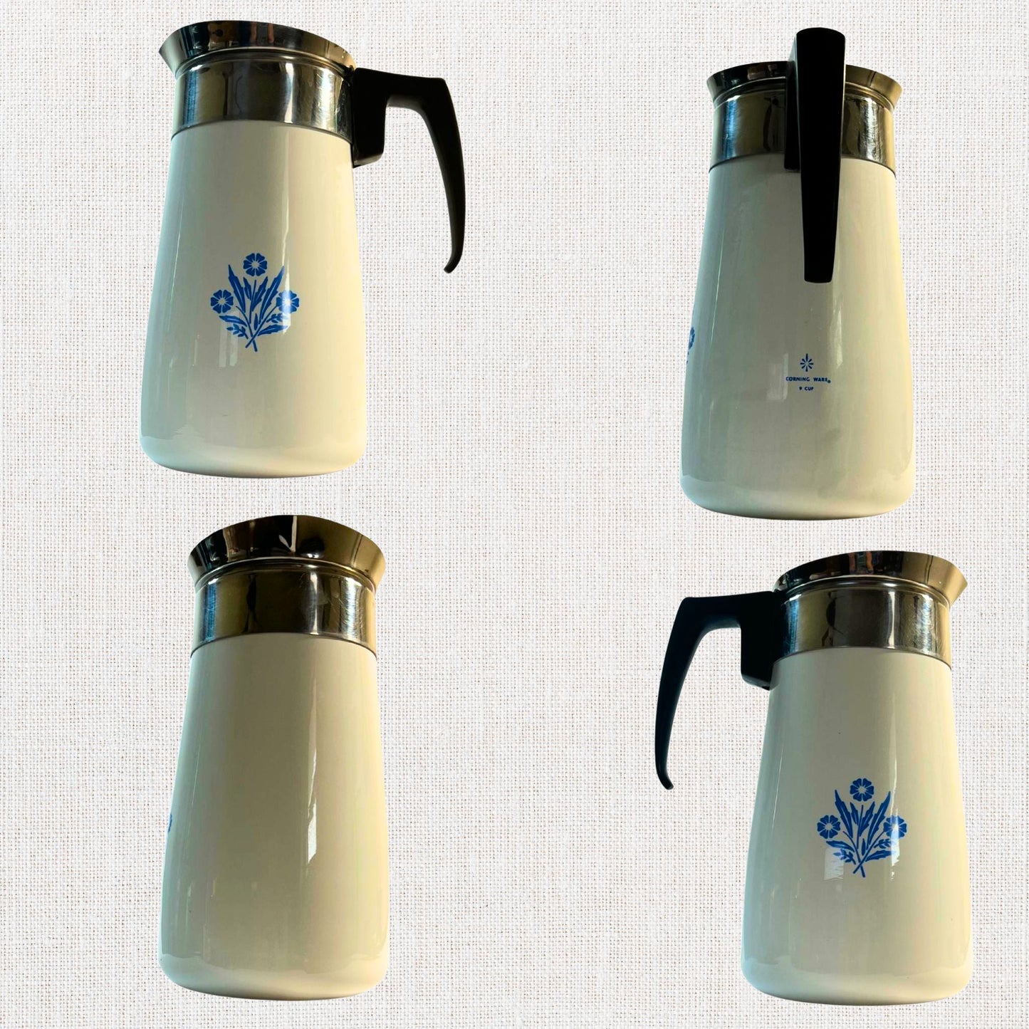 Corningware blue cornflower coffee pot on neutral background, vintage home decor or collectible.