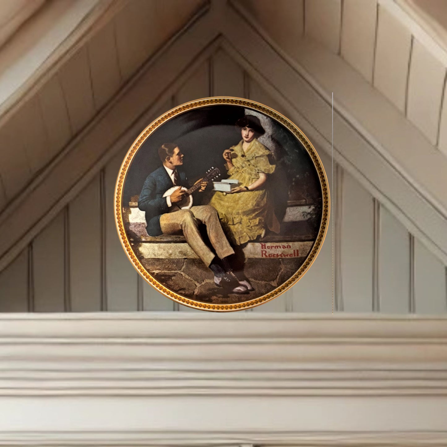 Norman rockwell pondering on the porch plate on neutral background, vintage home decor or collectible.