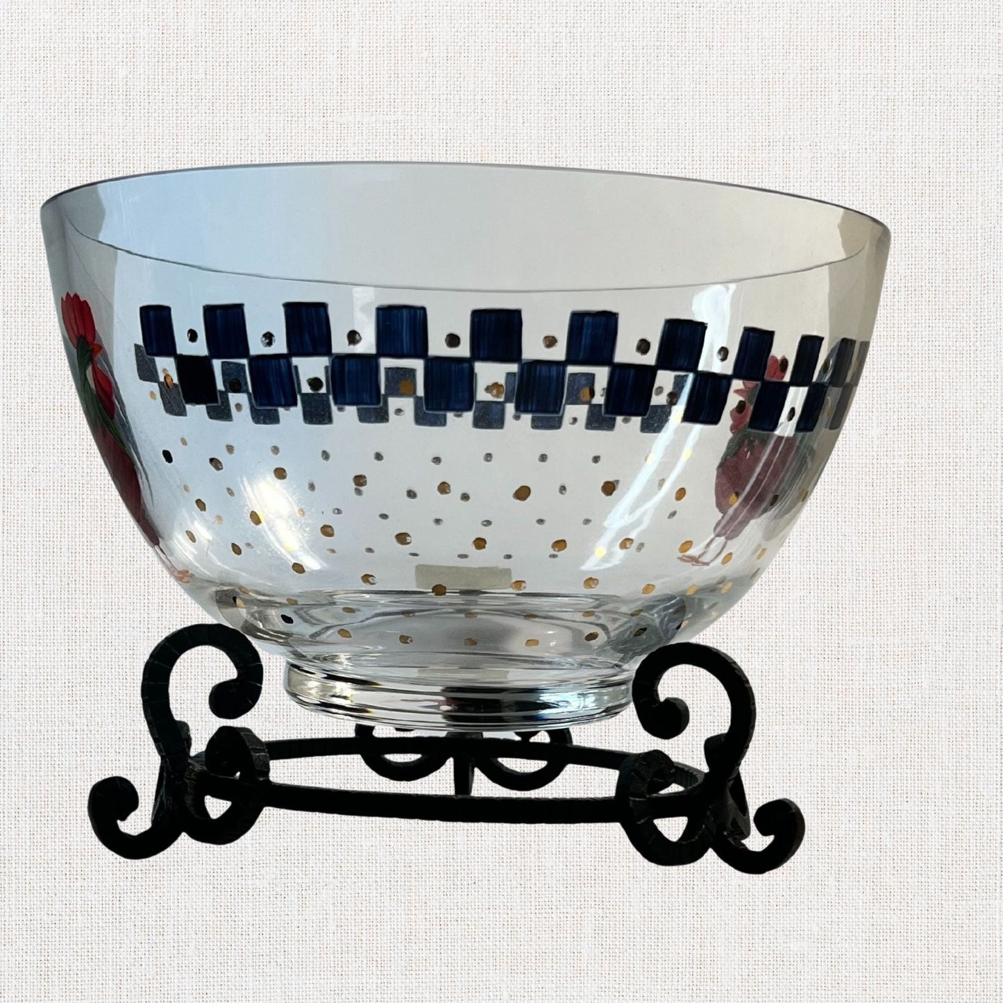 Hand-painted Lenox “Good Morning Sunshine” bowl with rooster and blue-check rim.