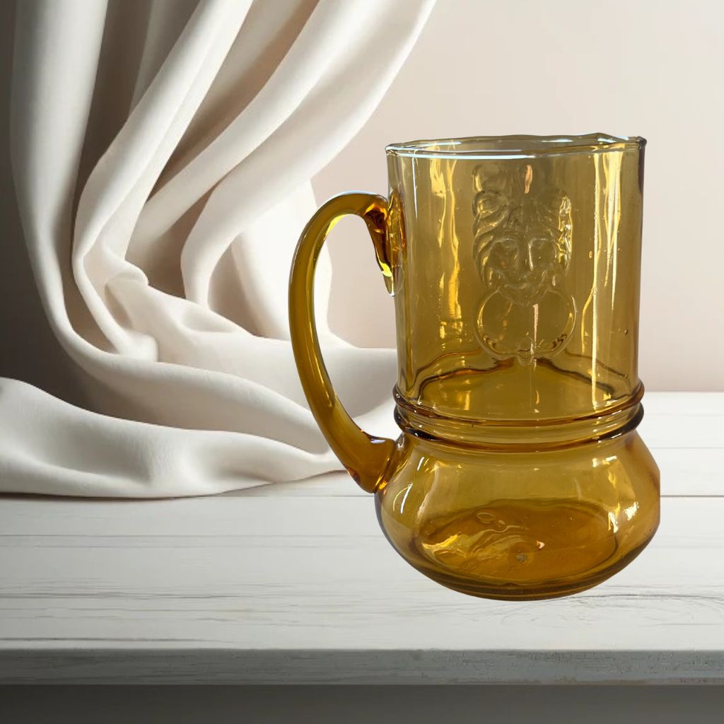1970s Italian Rossini Amber Glass Lion Mug – Mid-Century Blown Glass Beer Stein