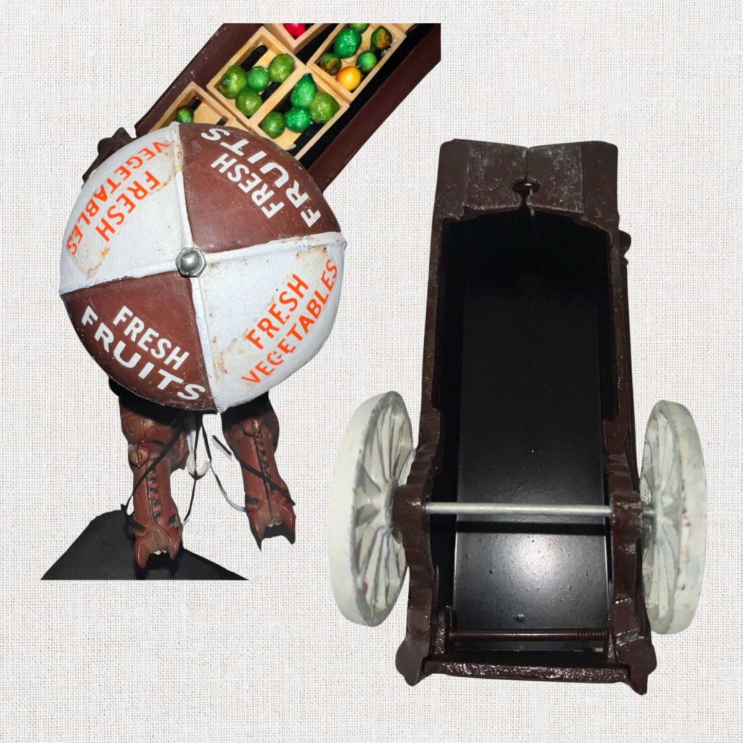 Cast iron horse drawn produce wagon on neutral background, vintage home decor or collectible.