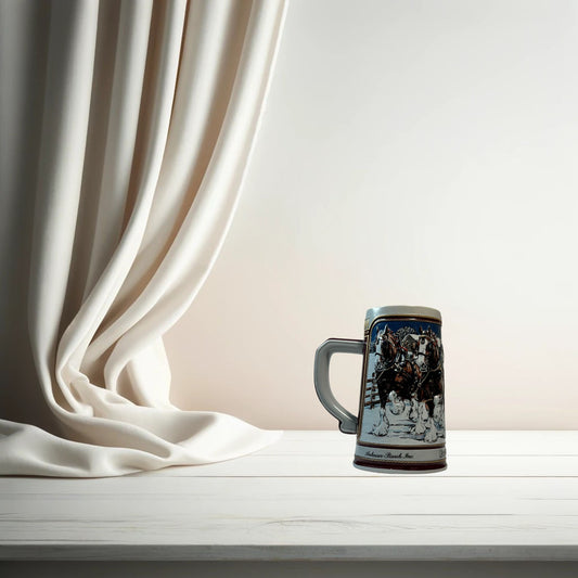 Budweiser 1989 ceramic beer stein with holiday Clydesdale scene, on neutral background, vintage home decor or collectible.