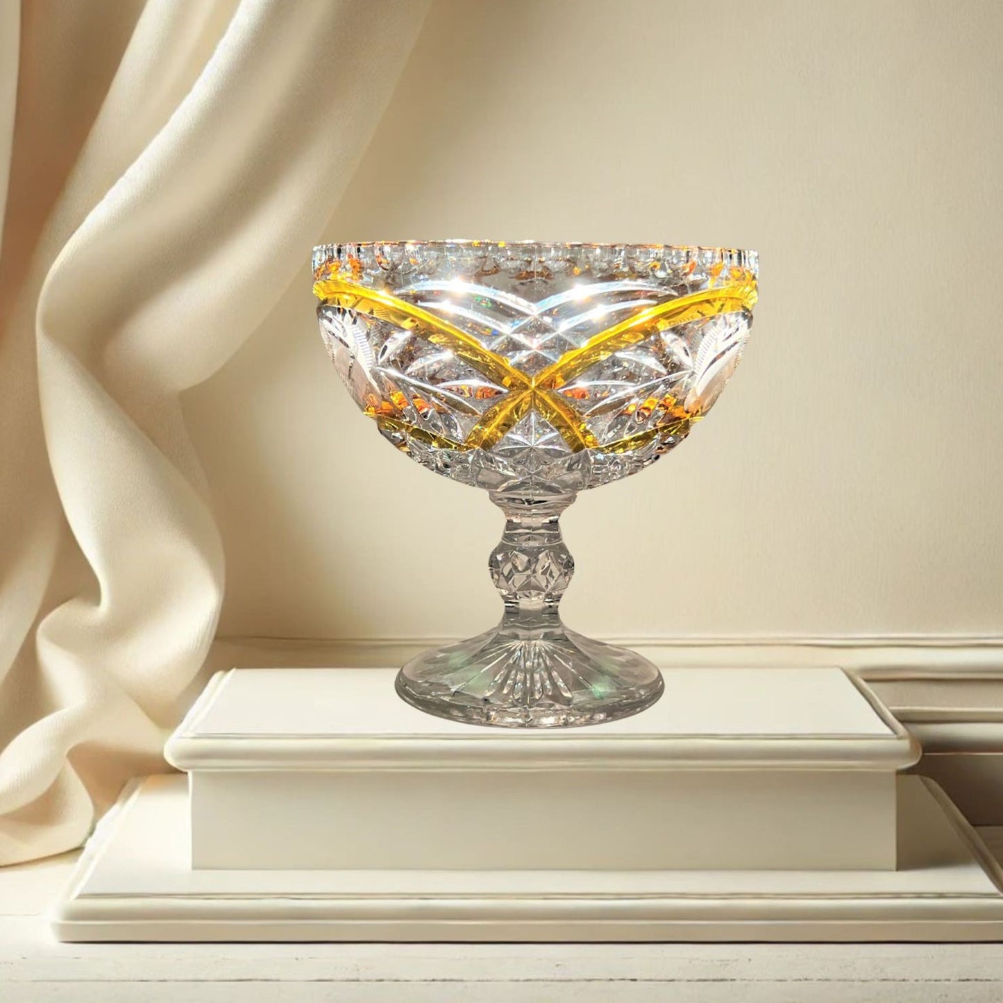 Rare Bohemian Style Molded Crystal Pedestal Candy Dish with Amber Accents
