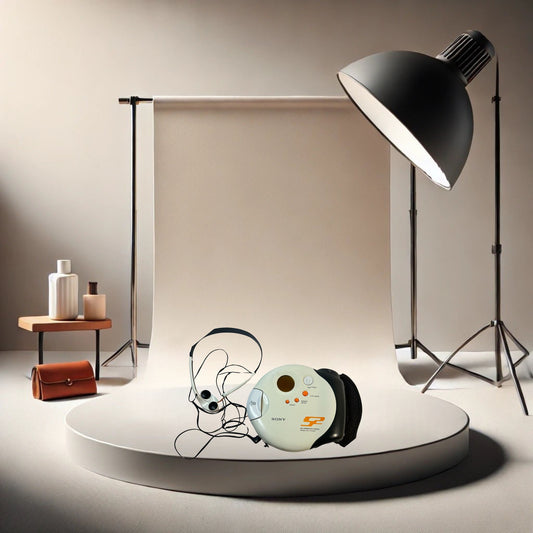 Sony discman model d-sj301 working on neutral background, vintage home decor or collectible.