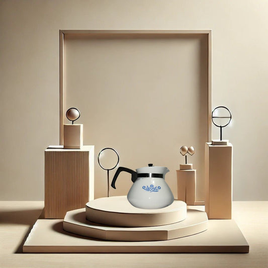 Corningware blue cornflower tea pot on neutral background, vintage home decor or collectible.