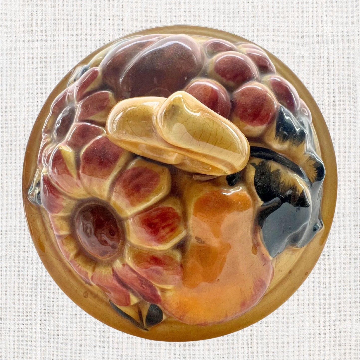 Vintage Harvest Cookie Jar – Hand-Glazed Ceramic with Sunflower & Fruit Motif Lid