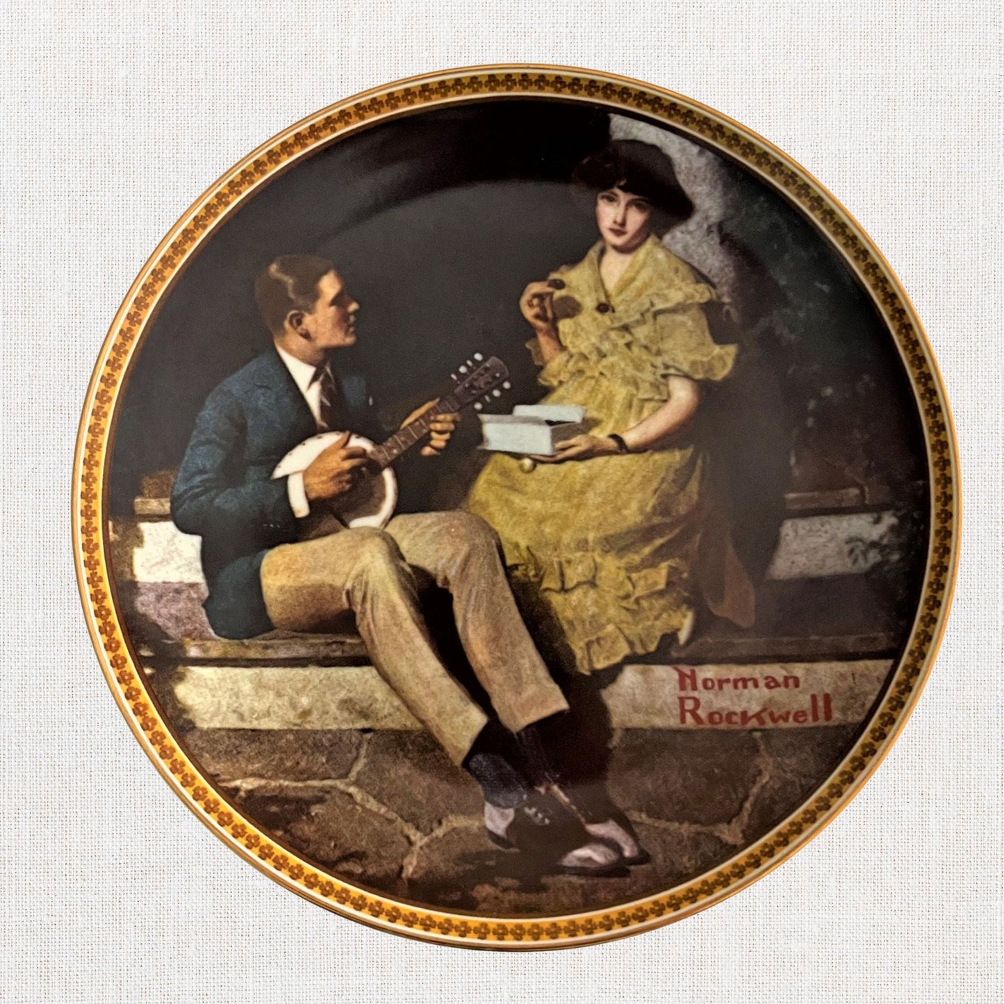 Norman rockwell pondering on the porch plate on neutral background, vintage home decor or collectible.