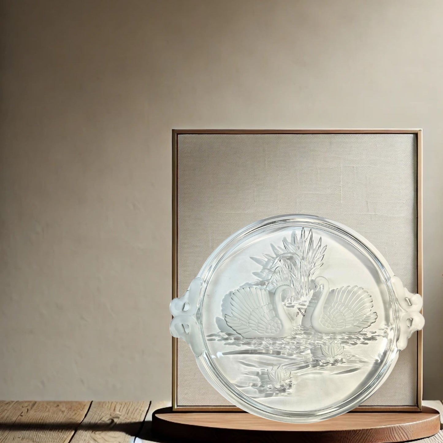 Mikasa walther crystal swan platter on neutral background, vintage home decor or collectible.