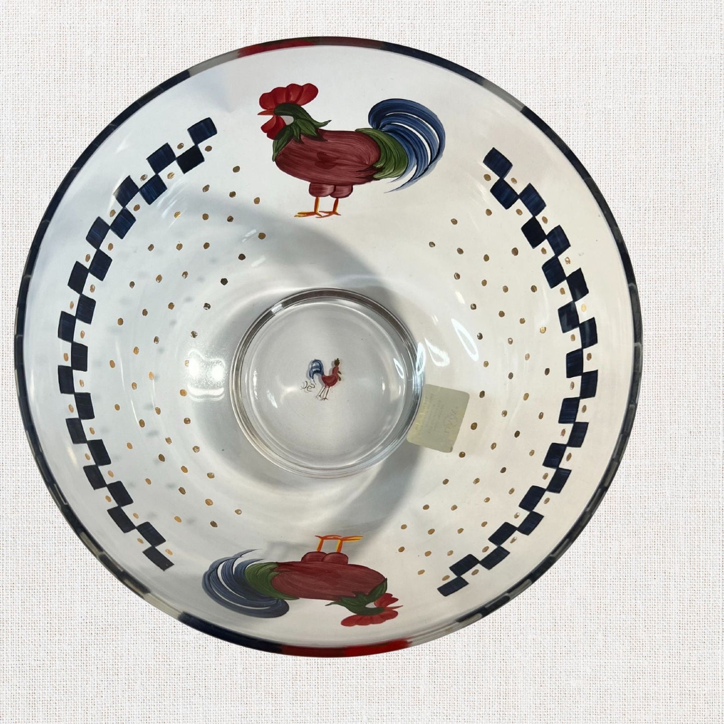 Hand-painted Lenox “Good Morning Sunshine” bowl with rooster and blue-check rim.
