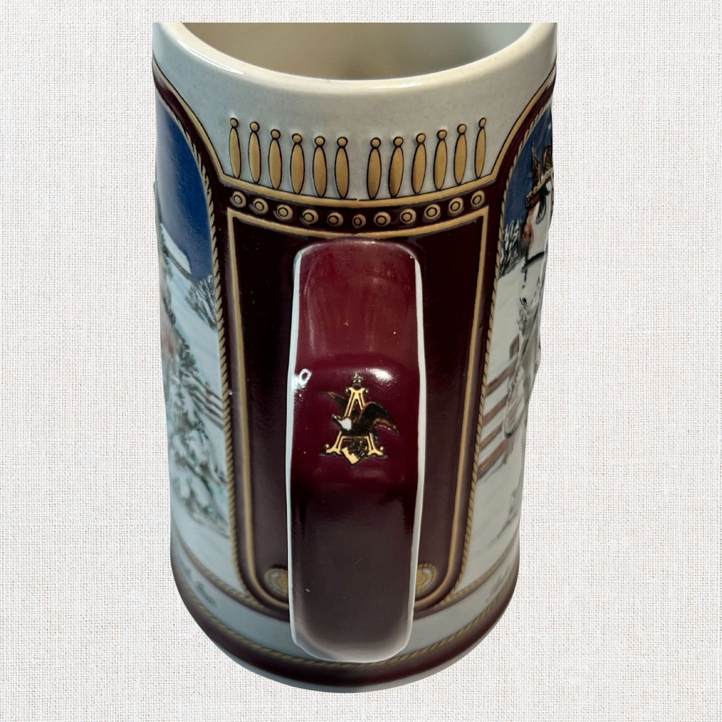 Budweiser 1989 ceramic beer stein with holiday Clydesdale scene, on neutral background, vintage home decor or collectible.