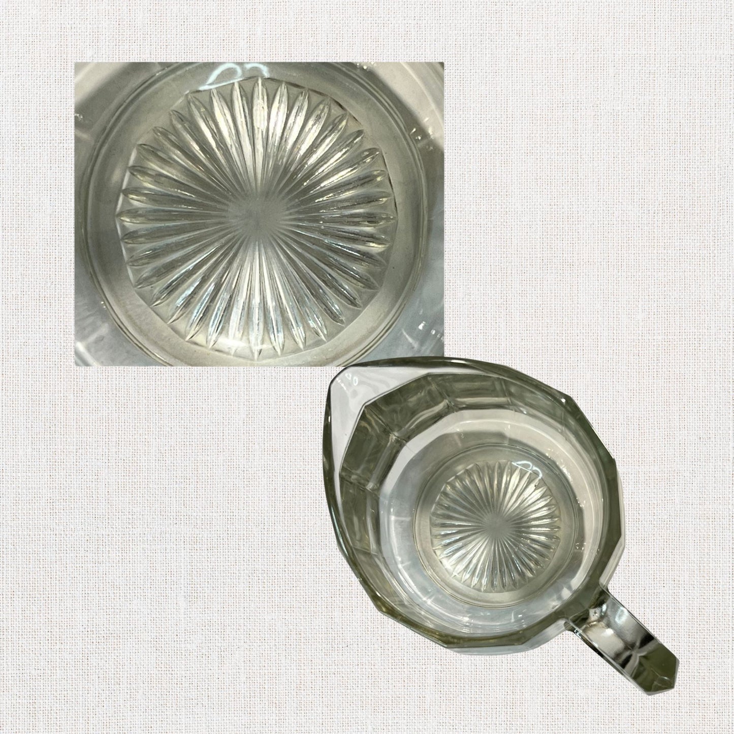 Clear glass ribbed creamer on neutral background, vintage home decor or collectible.