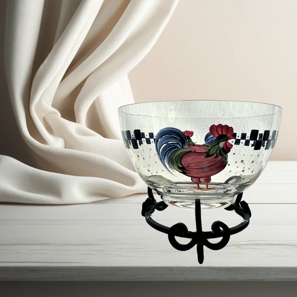 Hand-painted Lenox “Good Morning Sunshine” bowl with rooster and blue-check rim.