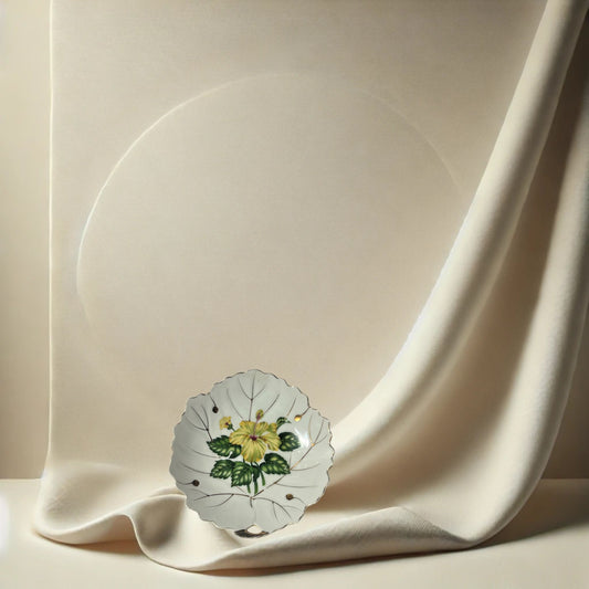 Vintage Nasco Japan Hibiscus Leaf Plate – Yellow Floral Porcelain with Gold Trim