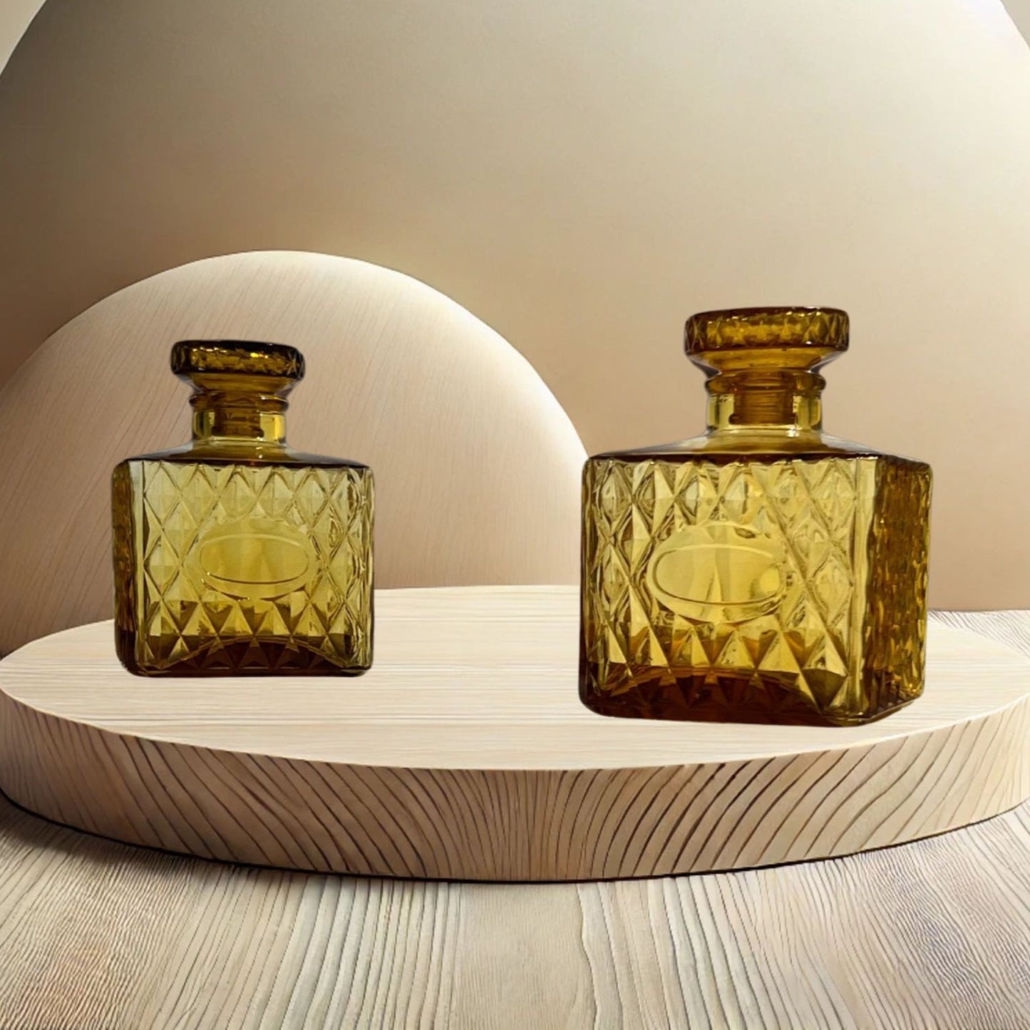 Amber diamond cut square decanter set on neutral background, vintage home decor or collectible.