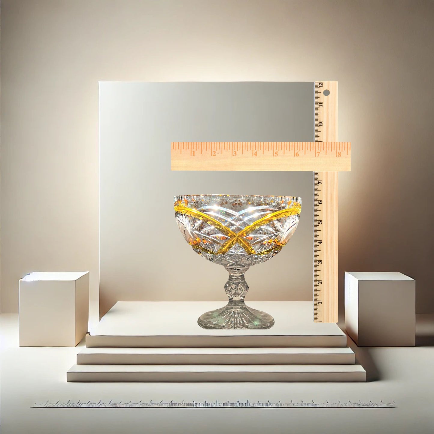Rare Bohemian Style Molded Crystal Pedestal Candy Dish with Amber Accents