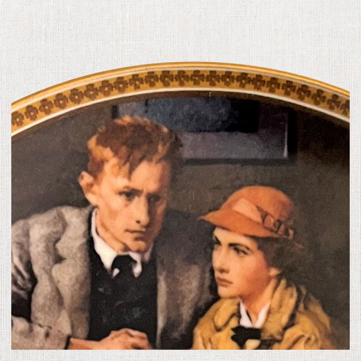 Norman rockwell confiding in the den plate on neutral background, vintage home decor or collectible.
