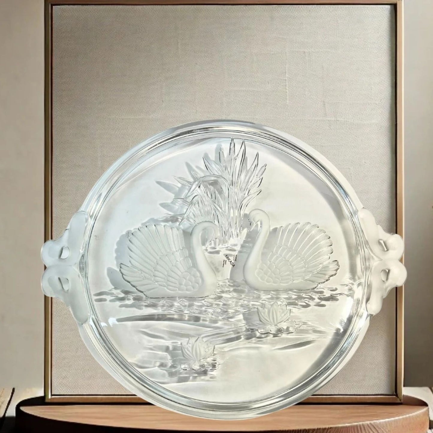 Mikasa walther crystal swan platter on neutral background, vintage home decor or collectible.