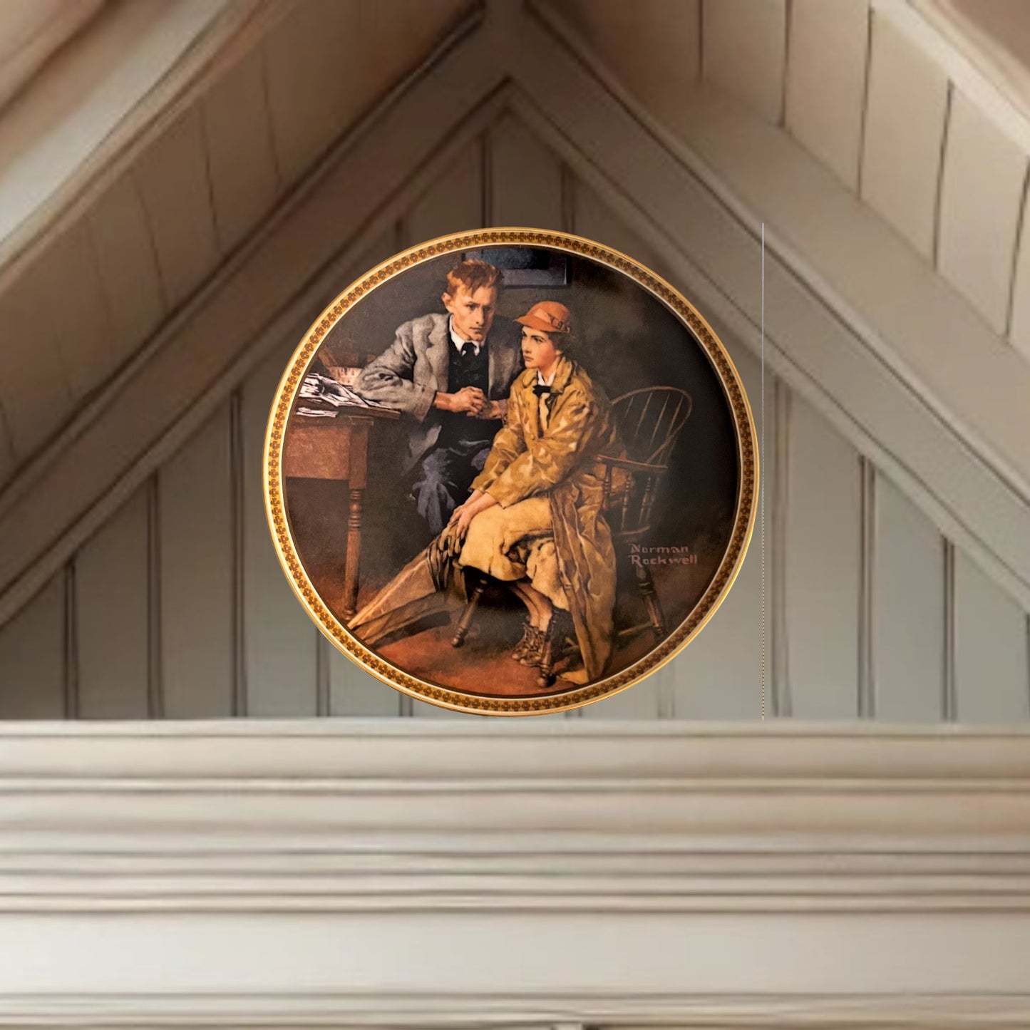 Norman rockwell confiding in the den plate on neutral background, vintage home decor or collectible.