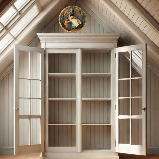 Norman rockwell dreaming in the attic plate on neutral background, vintage home decor or collectible.