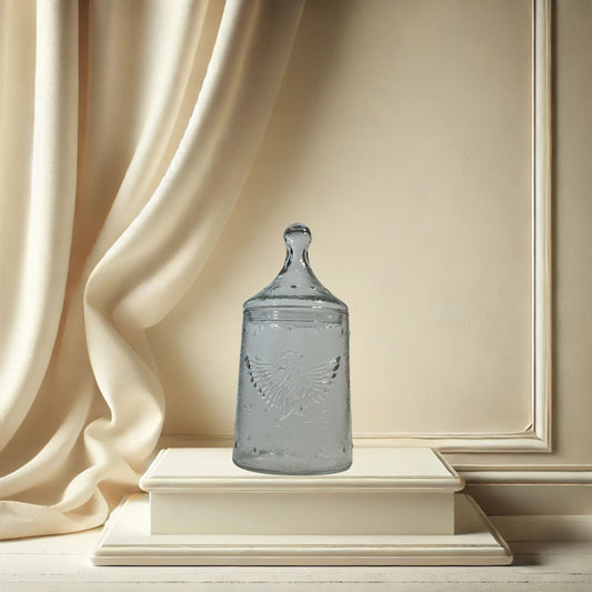 Apocathary jar with eagle and stars on neutral background, vintage home decor or collectible.