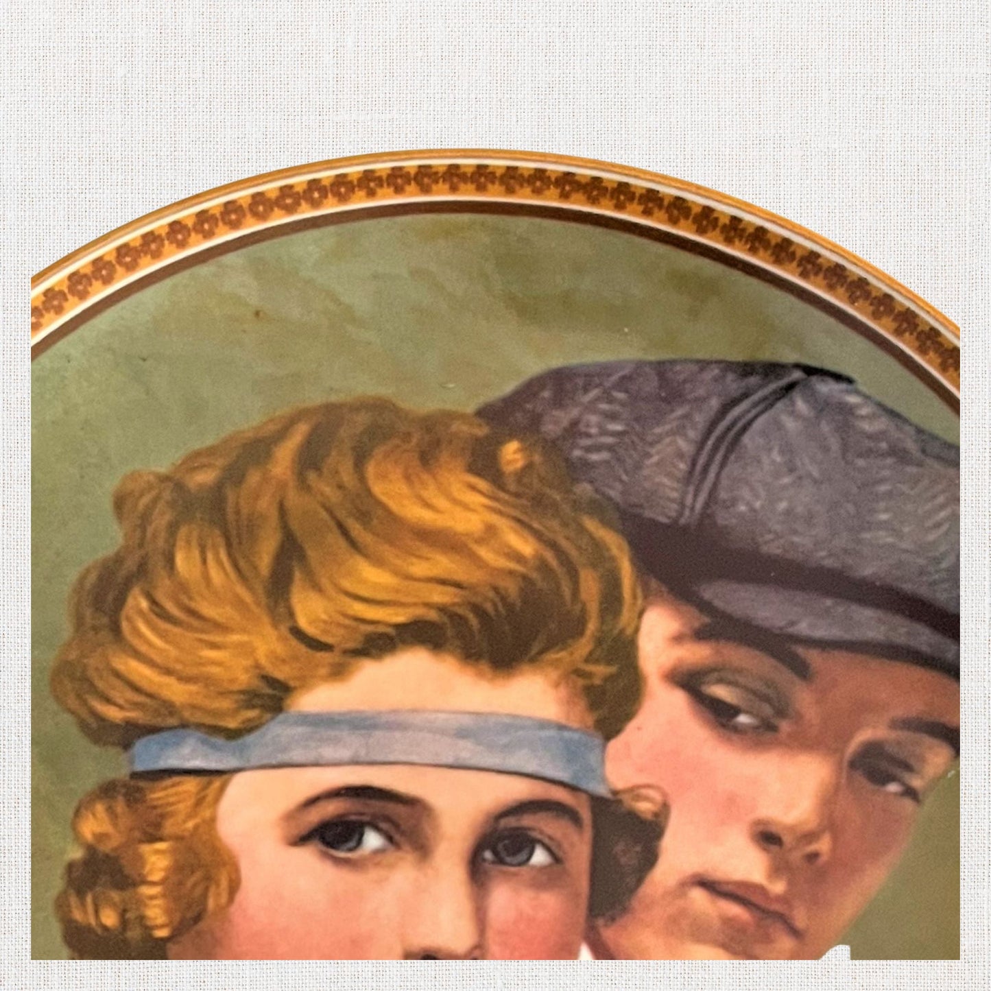 Norman rockwell meeting on the path plate on neutral background, vintage home decor or collectible.