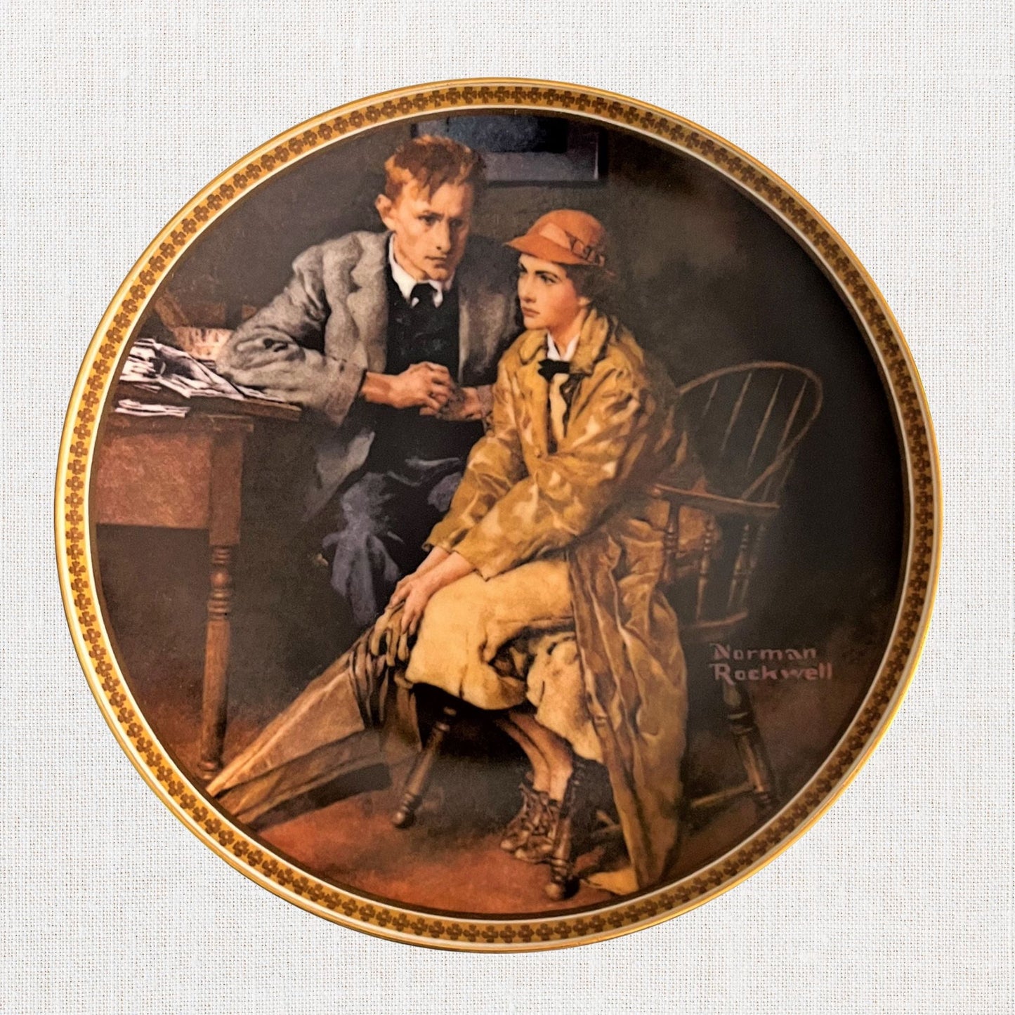 Norman rockwell confiding in the den plate on neutral background, vintage home decor or collectible.