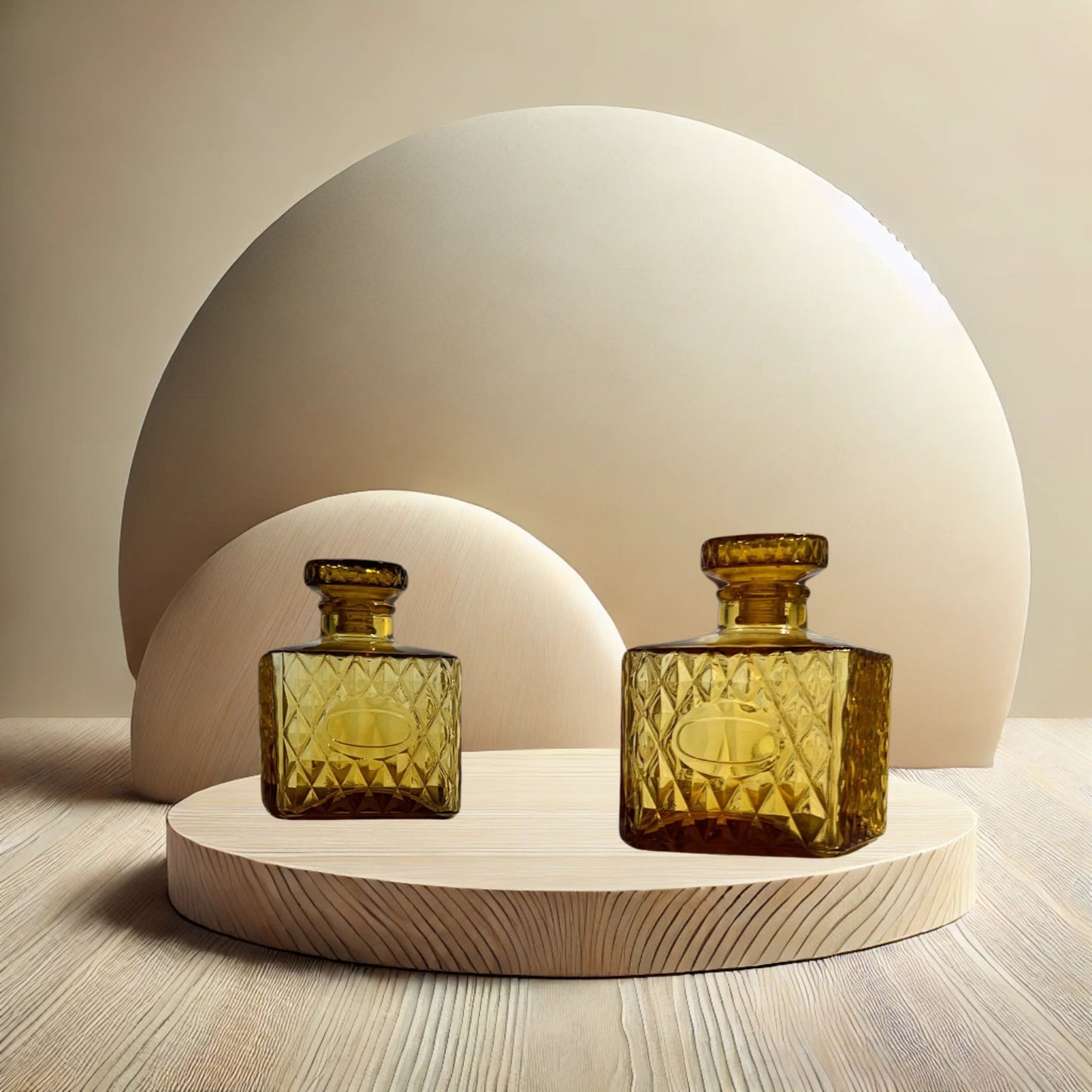 Amber diamond cut square decanter set on neutral background, vintage home decor or collectible.