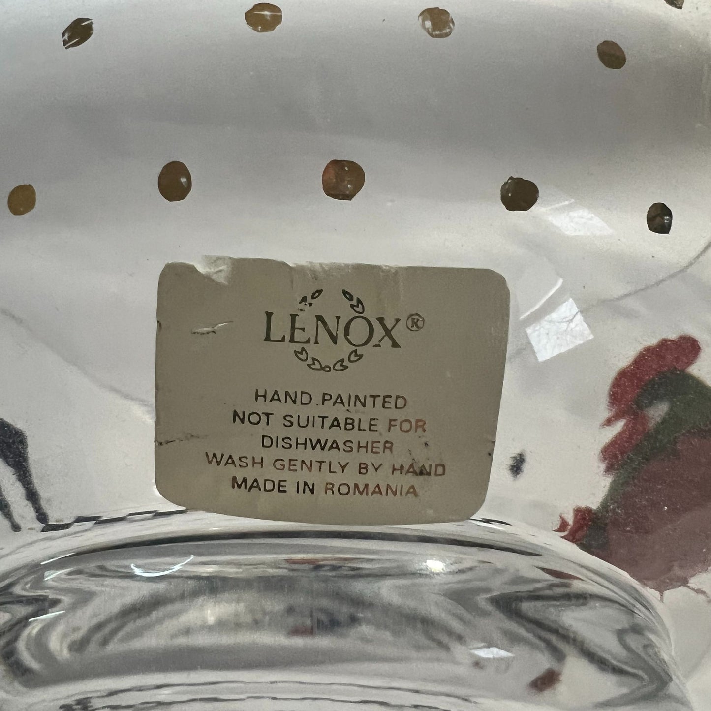 Hand-painted Lenox “Good Morning Sunshine” bowl with rooster and blue-check rim.