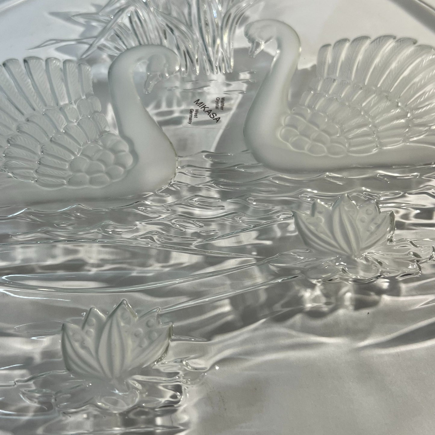 Mikasa walther crystal swan platter on neutral background, vintage home decor or collectible.