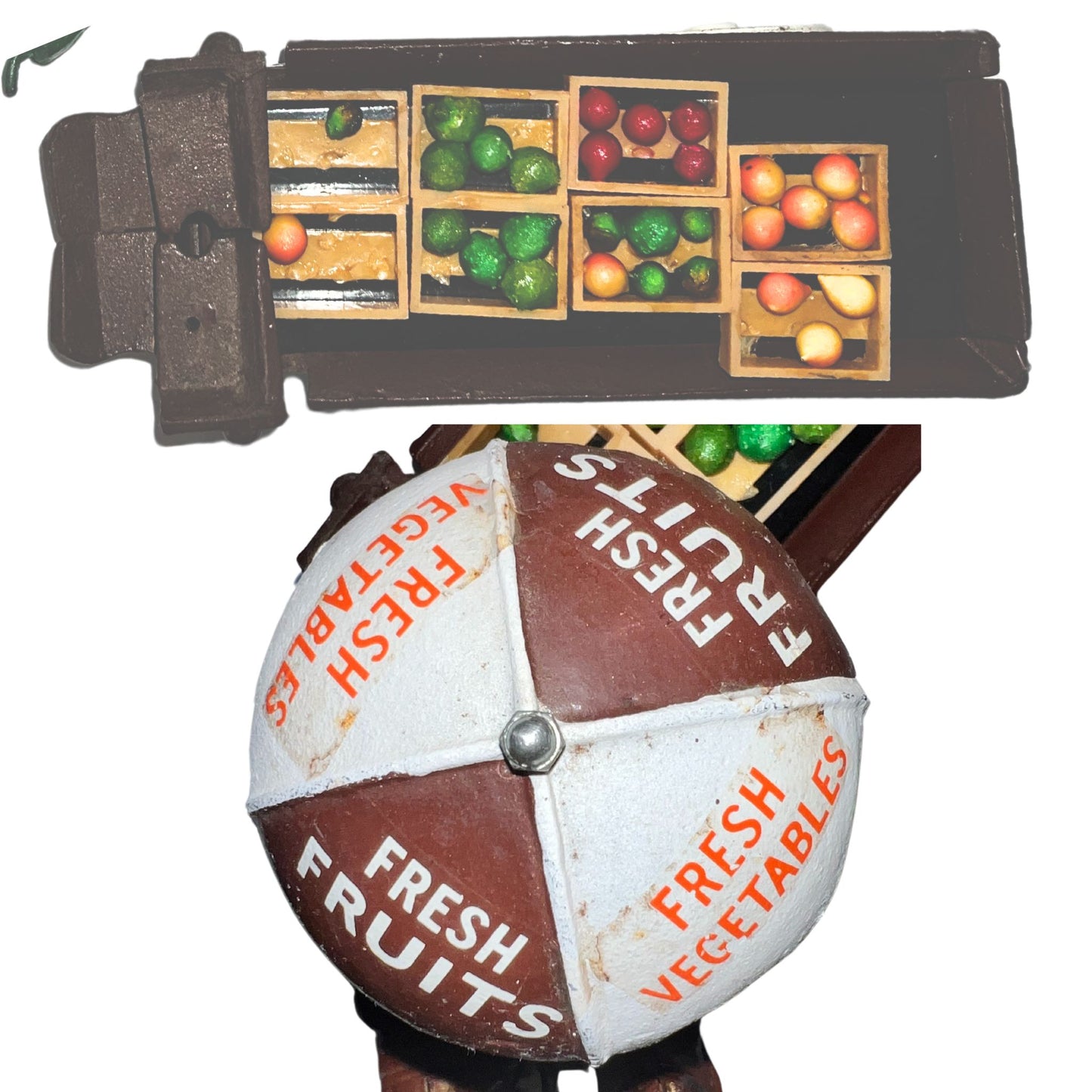 Cast iron horse drawn produce wagon on neutral background, vintage home decor or collectible.