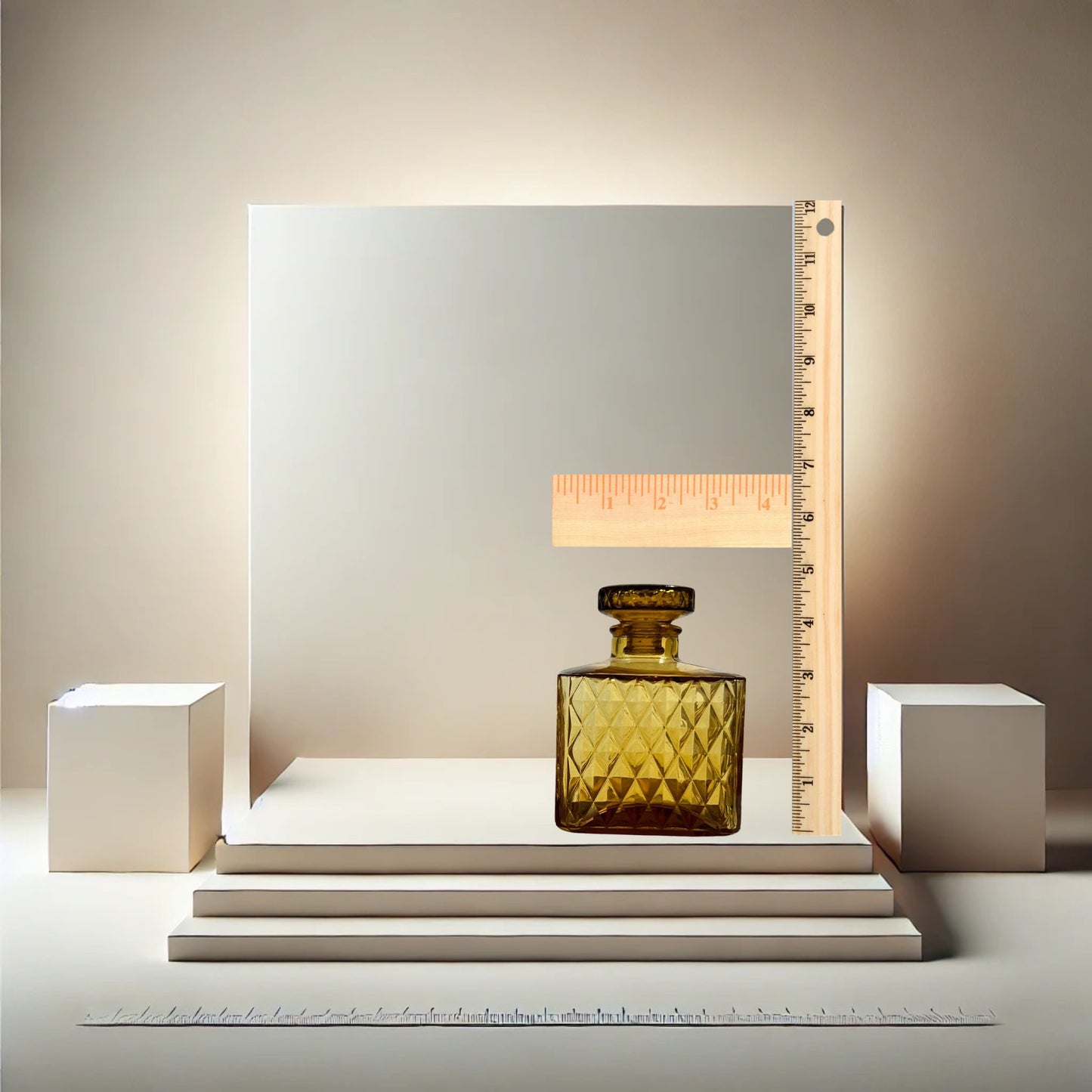Amber diamond cut square decanter set on neutral background, vintage home decor or collectible.
