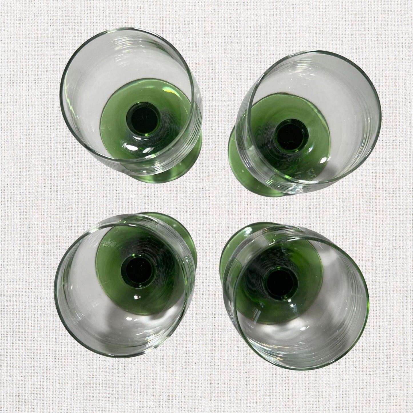 Luminarc green beehive stem cordial glasses on neutral background, vintage home decor or collectible.