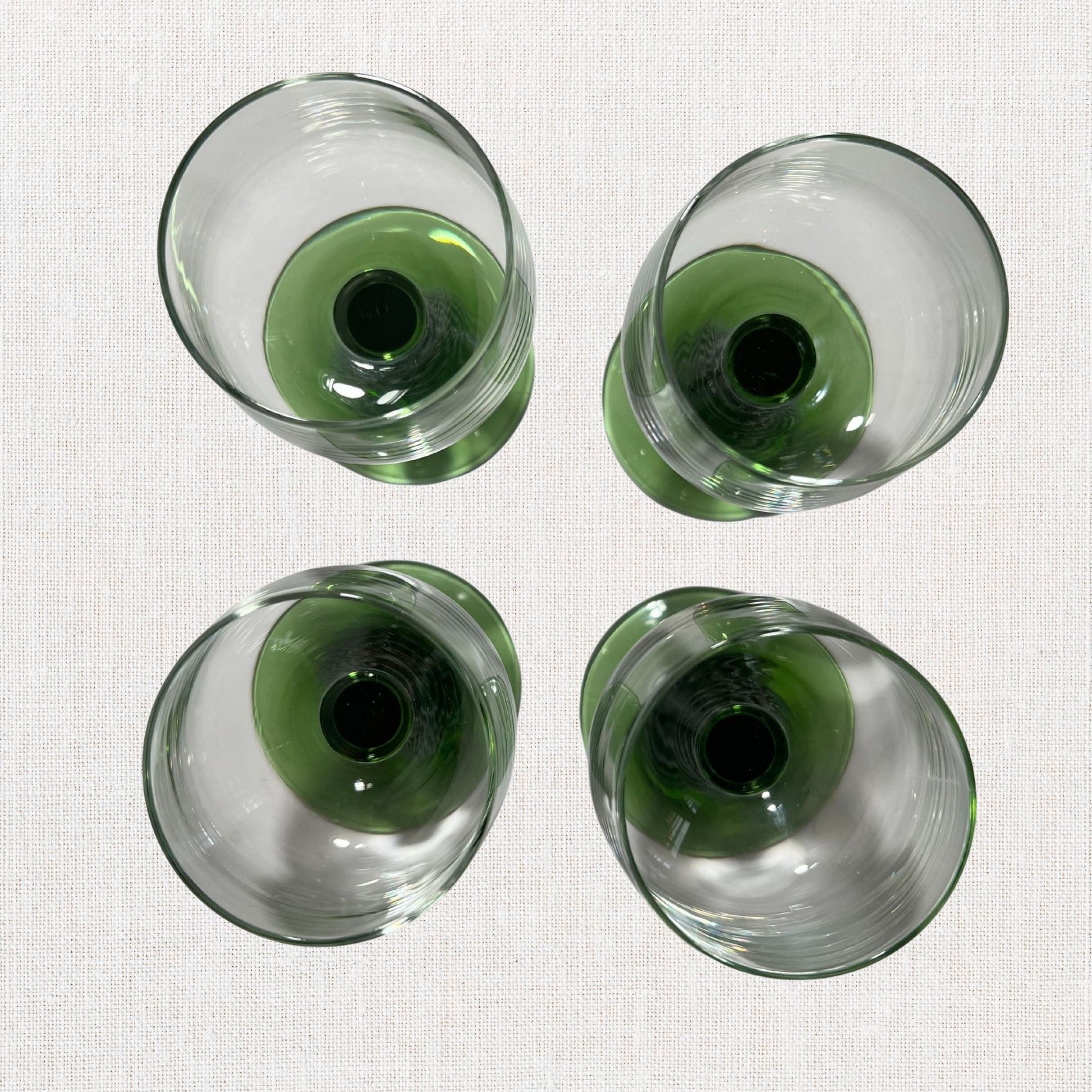 Luminarc green beehive stem cordial glasses on neutral background, vintage home decor or collectible.