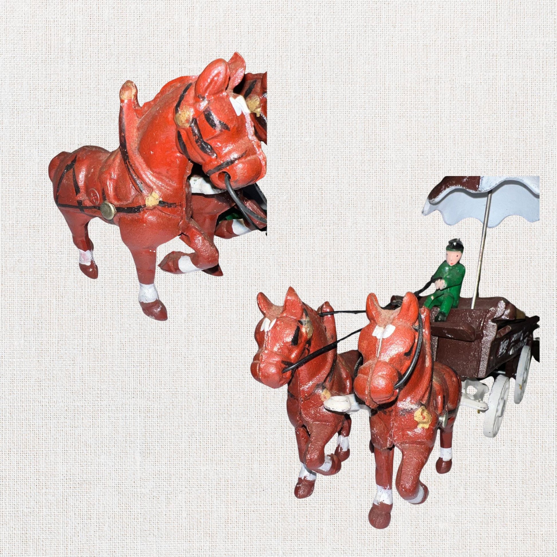 Cast iron horse drawn produce wagon on neutral background, vintage home decor or collectible.