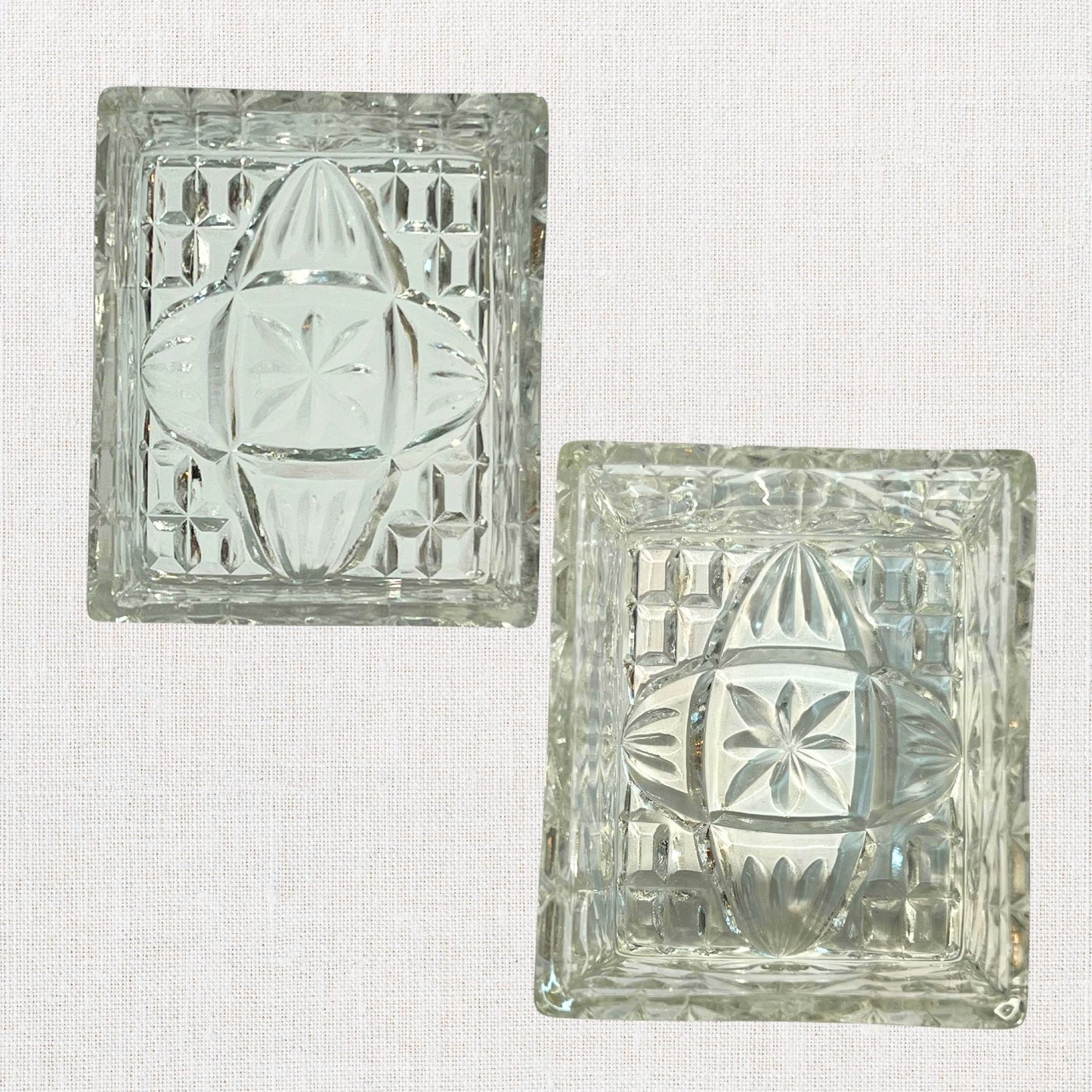 Vintage Diamond Cut Glass Trinket Box with Lid – Clear Pressed Design